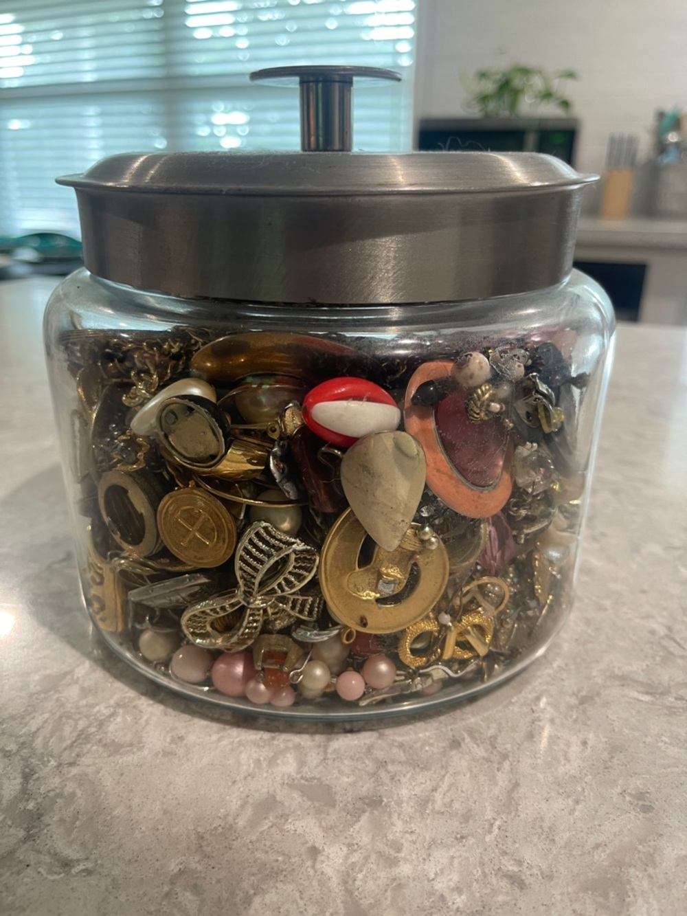 Glass Jar Filled with Vintage Costume Jewelry